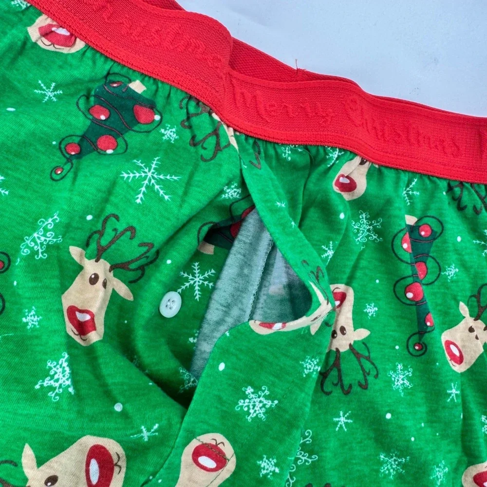 Mens Green Christmas Reindeer‎ Tree Pajama Sleep Lounge Shorts Adult Holiday